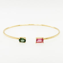 Load image into Gallery viewer, Just like you and me, toi et moi, jij en ik, this piece of fine jewelry with unique shaped gemstones is precious and special. This example is with a rectangle shaped / Emerald cut pink tourmaline and an oval green tourmaline.
