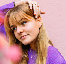 Load image into Gallery viewer, Our 18K Gold hoop earrings gave a little twist to a classic must-have in your jewelry box. Gemstone in this picture: Ruby.