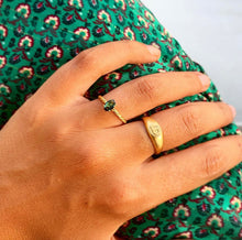 Load image into Gallery viewer, This is our twist on the historical signet ring. Custom made with your (or your loved ones) Initials! Combined with a green tourmaline in this picture.