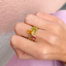 Load image into Gallery viewer, This ring is a combination of 3 rings attached to each other. Choose your 3 favourite colours & shapes. Such a treasure, just like you are! Also available with non twisted bands. Want to wear three rings separately? Have a look at our twisted rings  and stack them as a bouquet! Citrine, peridot and tourmaline in one ring. Emerald cut or rectangle shape of stones.