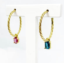 Load image into Gallery viewer, Our 18K Gold hoop earrings gave a little twist to a classic must-have in your jewelry box. Gemstones in this picture: Rhodolite and London Blue Topaz.