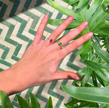 Load image into Gallery viewer, An outstanding piece of jewelry that will make you feel glamorous. Wear this day and night, from work to a party. You will never get enough of this one! Gemstone of the Triple Twisted Rectangle ring in this picture: Green Tourmaline.