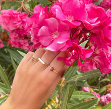 Load image into Gallery viewer, Twisted ring with a garnet gemstone. Ring with pink tourmaline gemstone and twisted band. One twisted plane ring without gemstones. Horizontal signet ring with my name engraved. Personalized rings with your name or gemstones.