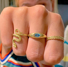 Load image into Gallery viewer, Double twisted ring. Perfect as an extra layer to comine with your other rings. Double rope band ring. Two band rings combined as one. One snake ring and a signet ring with a gemstone.