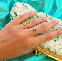 Load image into Gallery viewer, Our elegant Snake Ring has a vintage look that will make you feel fabulous without even trying. It's an everyday fashion item that goes with every item in your closet. Also a perfect match with all our other jewelry! Combined with a Green Tourmaline Ring.