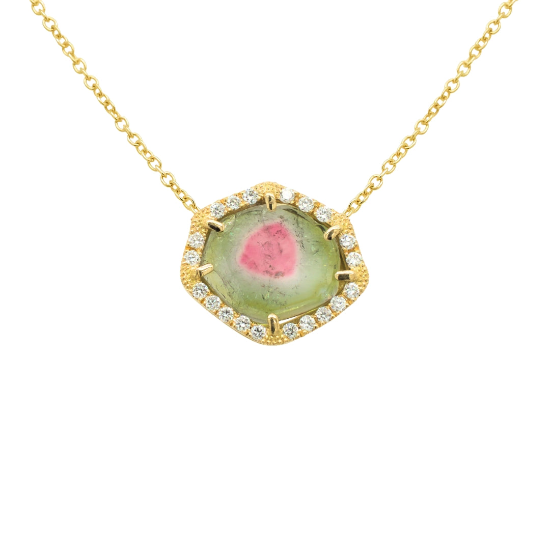 One-of-a-kind Watermelon Tourmaline Necklace with diamonds