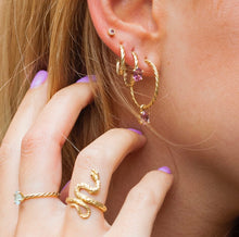 Load image into Gallery viewer,  Our hoop earrings gave a little twist to a classic must-have in your jewelry box. Want that extra sparkle? Just add a pendant or two and try never-ending combinations. Gemstone in this picture: Amethyst.
