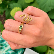 Load image into Gallery viewer, A vibrant and exhibiting ring that will fulfill your jewelry box. A contemporary design for a timeless piece. Choose a colorful gemstone to brighten up this ring.  Example in this picture: Green tourmaline. Combined with our Snake Ring.
